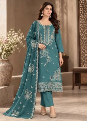 Blue viscose semi stitched suit with embroidery & sequence work 1