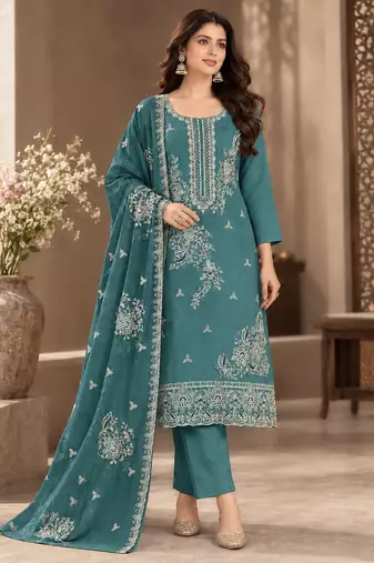 Blue viscose semi stitched suit with embroidery & sequence work
