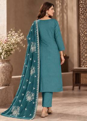 Blue viscose semi stitched suit with embroidery & sequence work 2