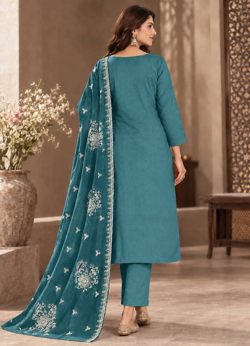 Blue viscose semi stitched suit with embroidery & sequence work