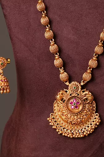 Antique gold plated ruby red temple necklace set