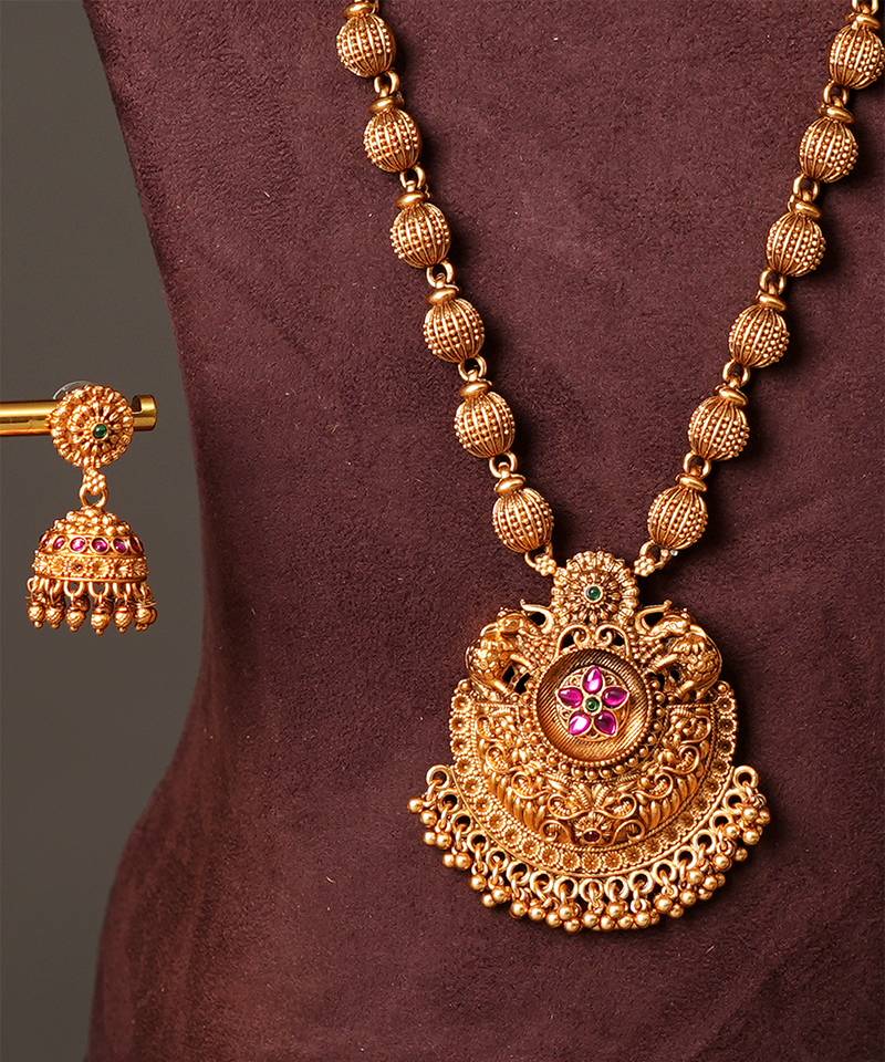 Antique gold plated ruby red temple necklace set