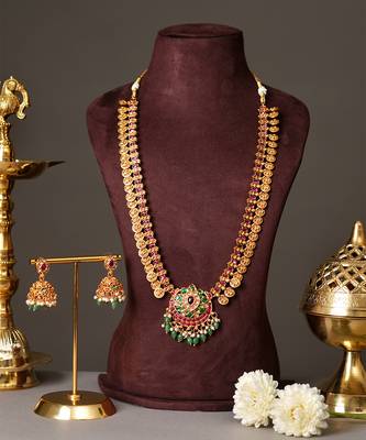 Gold plated ruby red bridal temple necklace set 1
