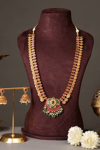 Gold plated ruby red bridal temple necklace set