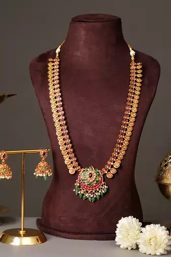 Gold plated ruby red bridal temple necklace set
