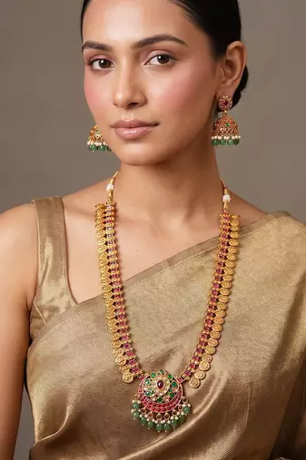 Gold plated ruby red bridal temple necklace set
