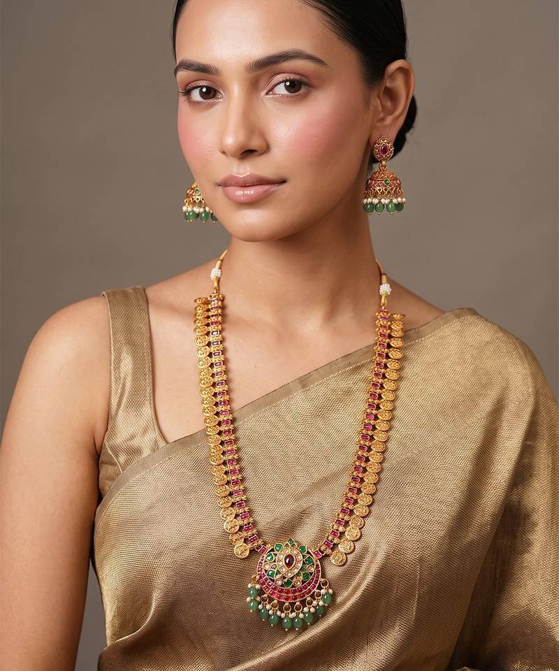 Gold plated ruby red bridal temple necklace set