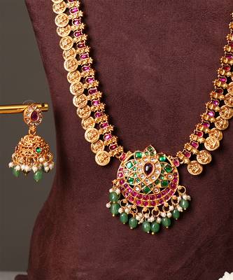 Gold plated ruby red bridal temple necklace set 3