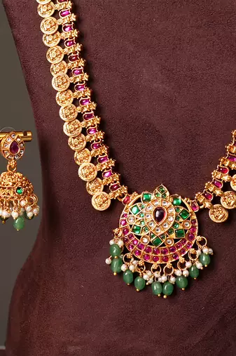 Gold plated ruby red bridal temple necklace set