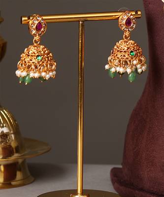 Gold plated ruby red bridal temple necklace set 4