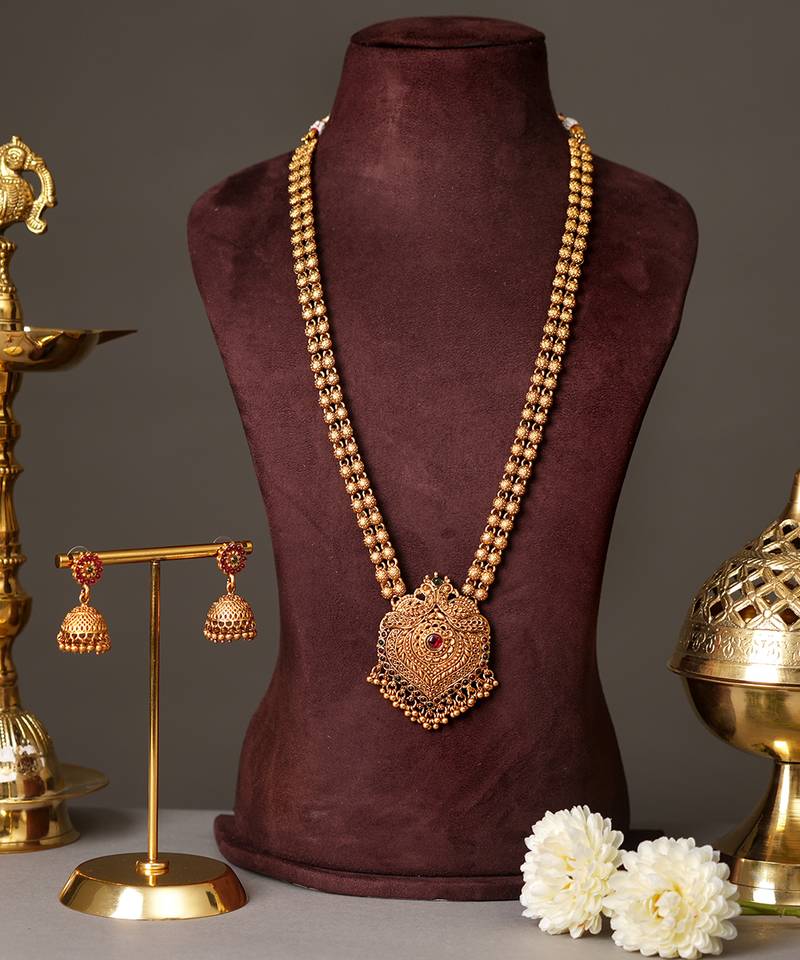 Gold plated ruby red temple necklace set