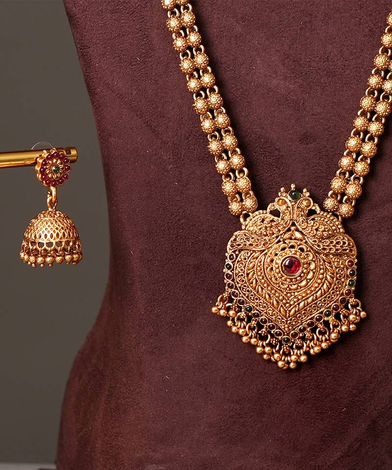 Gold plated ruby red temple necklace set