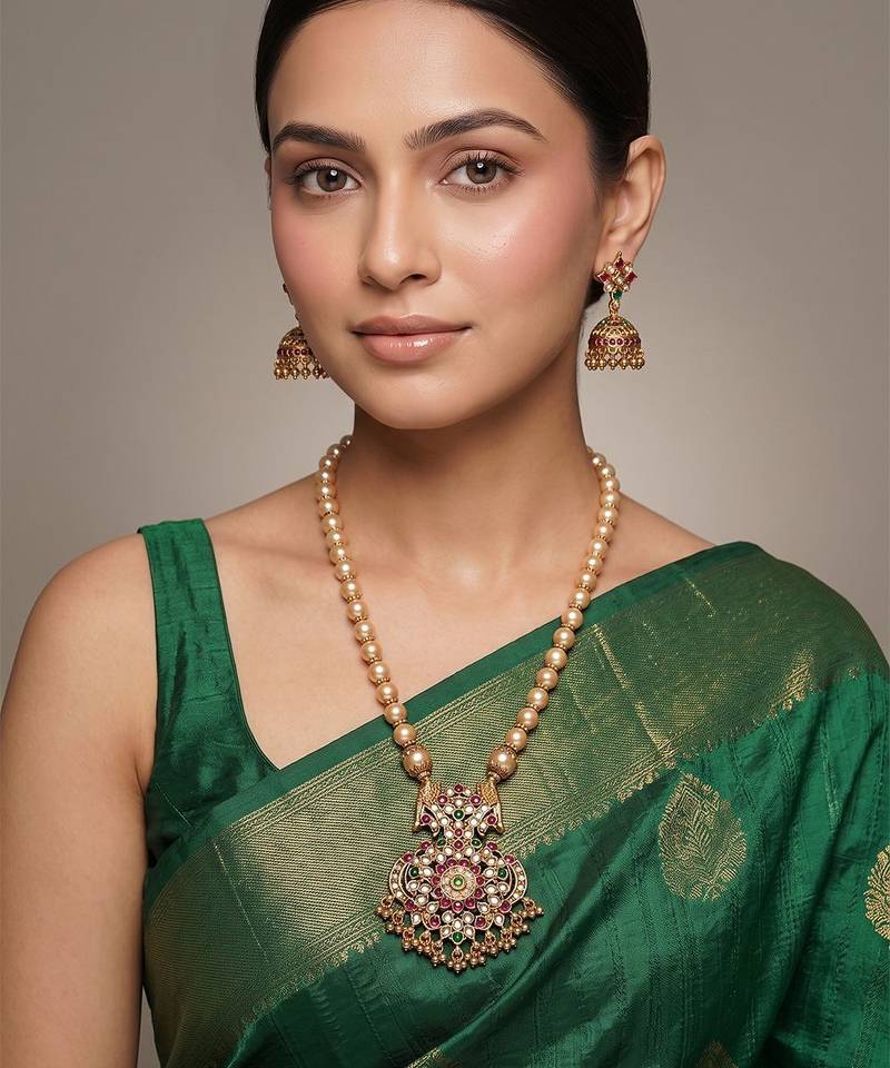 Antique gold plated multicolor temple necklace set