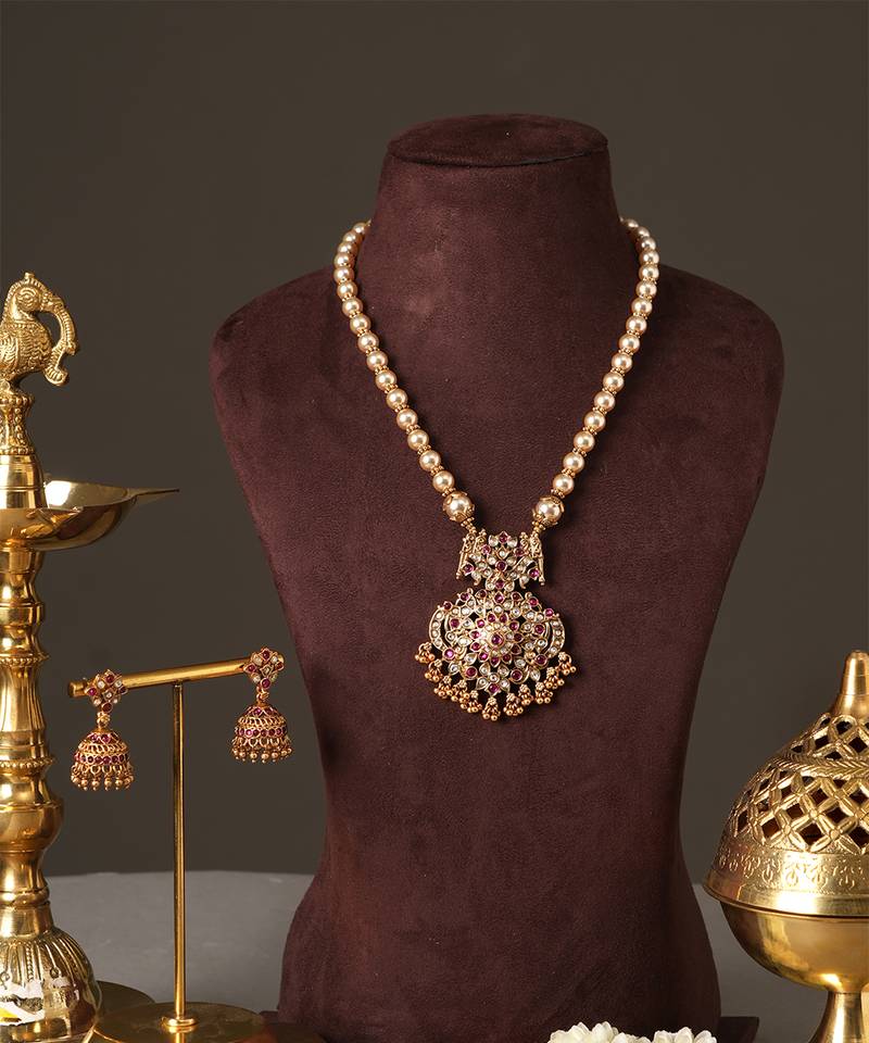 Antique gold plated multicolor temple necklace set