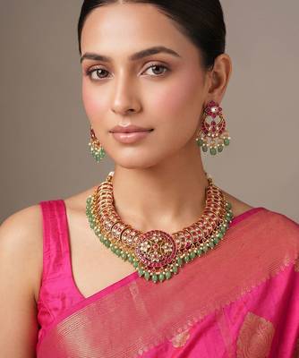 Gold plated multicolor jadau choker necklace set 1