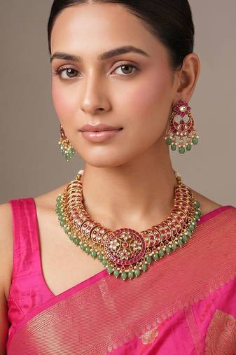 Gold plated multicolor jadau choker necklace set