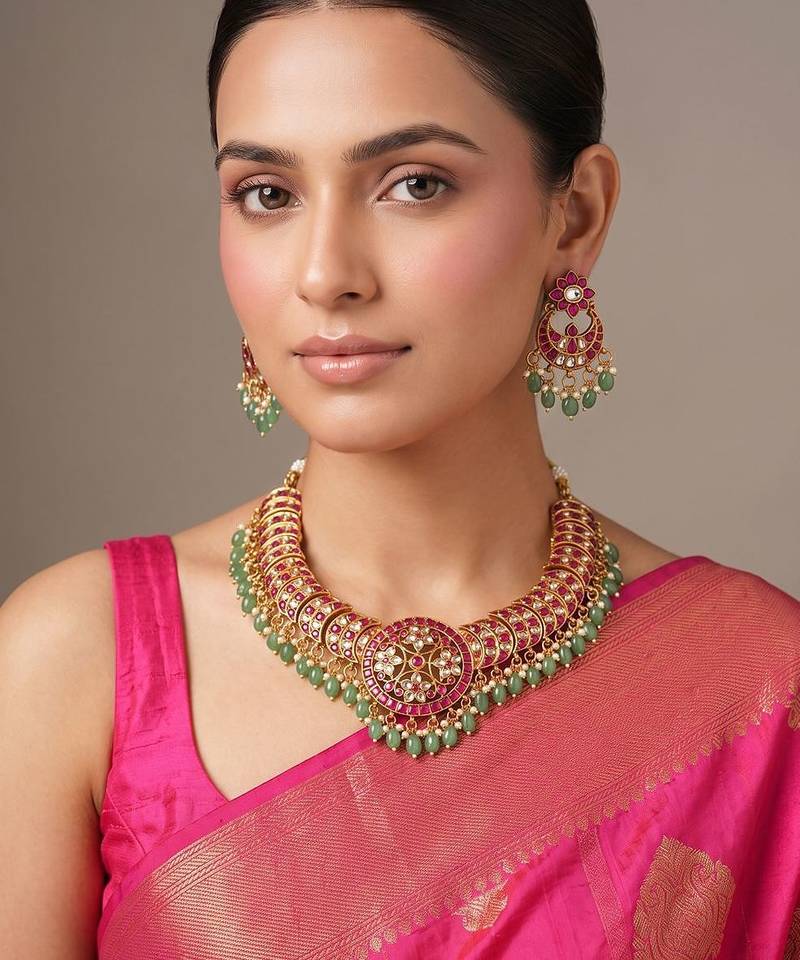 Gold plated multicolor jadau choker necklace set