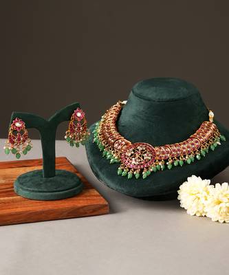 Gold plated multicolor jadau choker necklace set 2