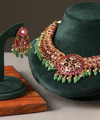 Gold plated multicolor jadau choker necklace set 3