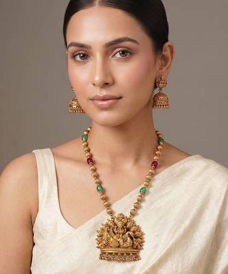 Gold plated lakshmi pendant temple necklace set 1