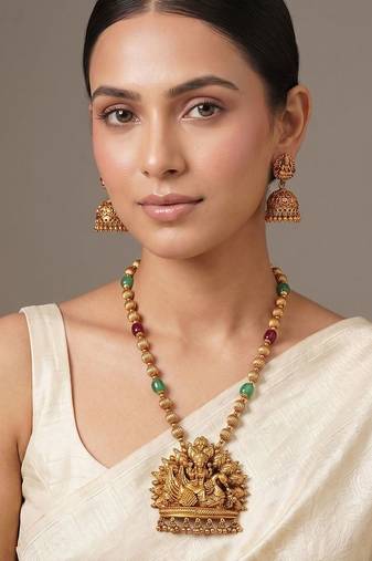 Gold plated lakshmi pendant temple necklace set