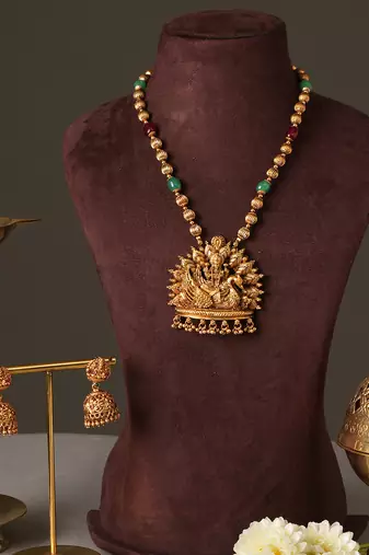 Gold plated lakshmi pendant temple necklace set