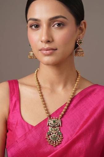 Gold plated green temple haar necklace set