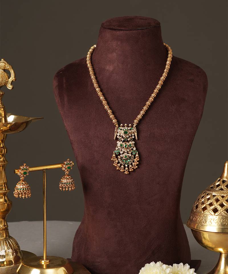 Gold plated green temple haar necklace set