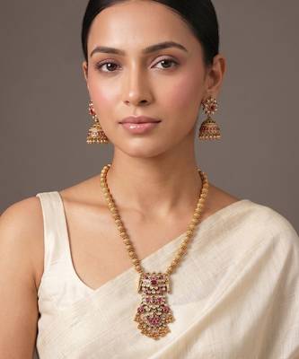 Gold plated ruby red temple haar necklace set 1