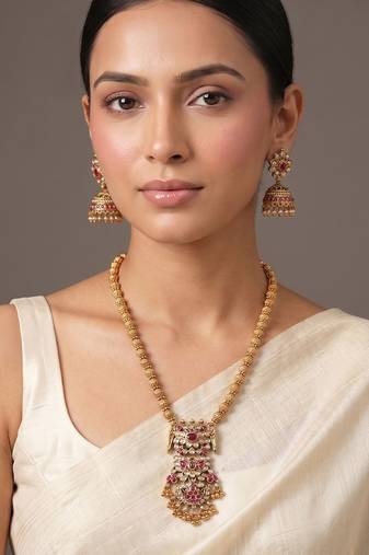 Gold plated ruby red temple haar necklace set