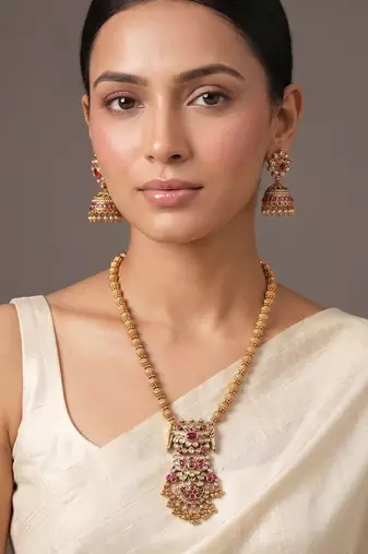 Gold plated ruby red temple haar necklace set