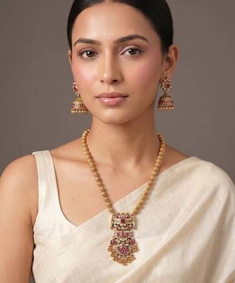 Gold plated ruby red temple haar necklace set 2
