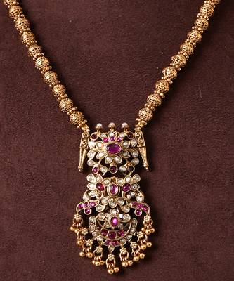 Gold plated ruby red temple haar necklace set 4