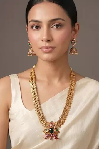 Gold plated green temple haar necklace set