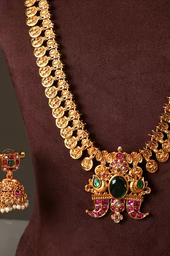 Gold plated green temple haar necklace set