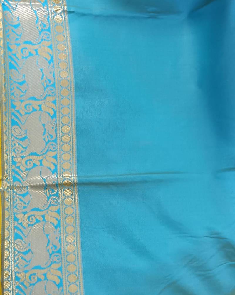 Yellow rama silk blend banarasi saree with unstitched blouse piece