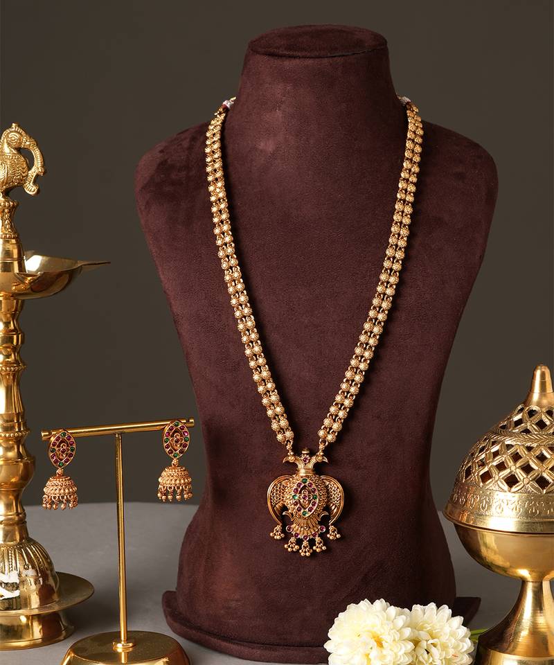 Gold plated multicolor garud temple haar necklace set