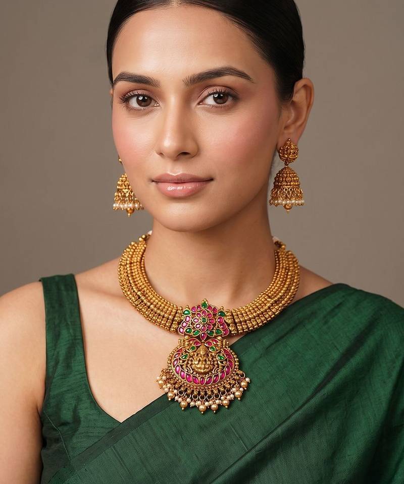 Gold plated ruby red choker necklace set