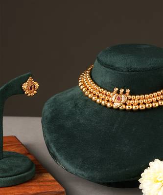 Antique gold plated temple choker necklace set 3