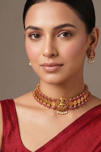 Gold plated ruby red lakshmi temple choker necklace set
