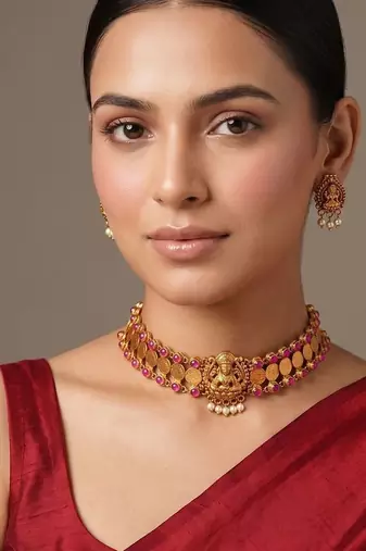 Gold plated ruby red lakshmi temple choker necklace set