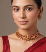 Gold plated ruby red lakshmi temple choker necklace set