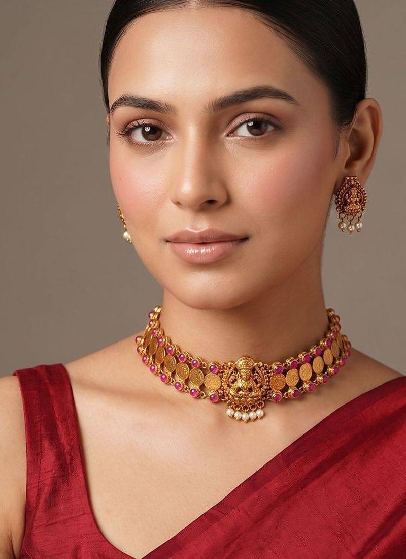Gold plated ruby red lakshmi temple choker necklace set