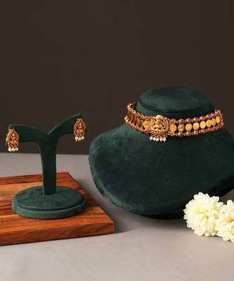 Gold plated ruby red lakshmi temple choker necklace set 2