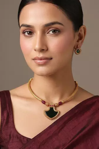 Gold plated heritage temple green choker necklace set