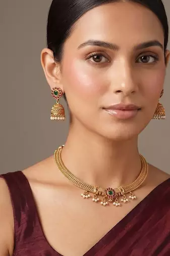 Gold plated green choker necklace set