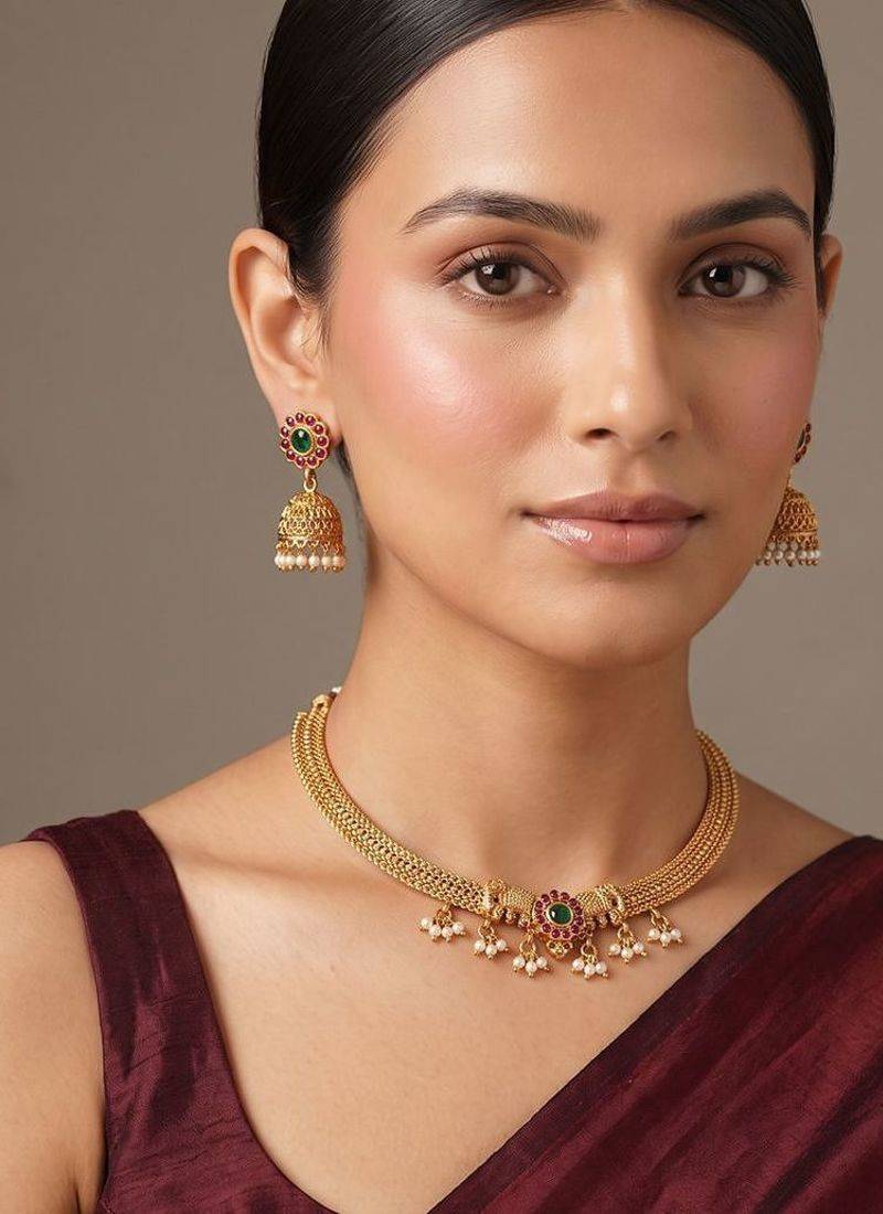 Gold plated green choker necklace set