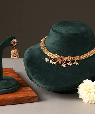 Gold plated green choker necklace set 3