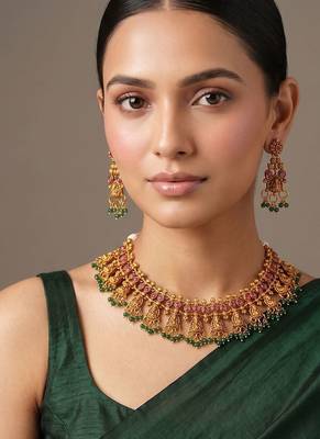 Gold plated ruby red bridal choker necklace set 1