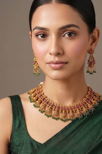 Gold plated ruby red bridal choker necklace set
